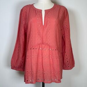 Ann Taylor LOFT Coral Pink Eyelet Peplum Blouse Cotton Blend Womens Size Medium